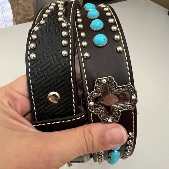 Turquoise accent Leather Belt Size 34 - Picture 8 of 14